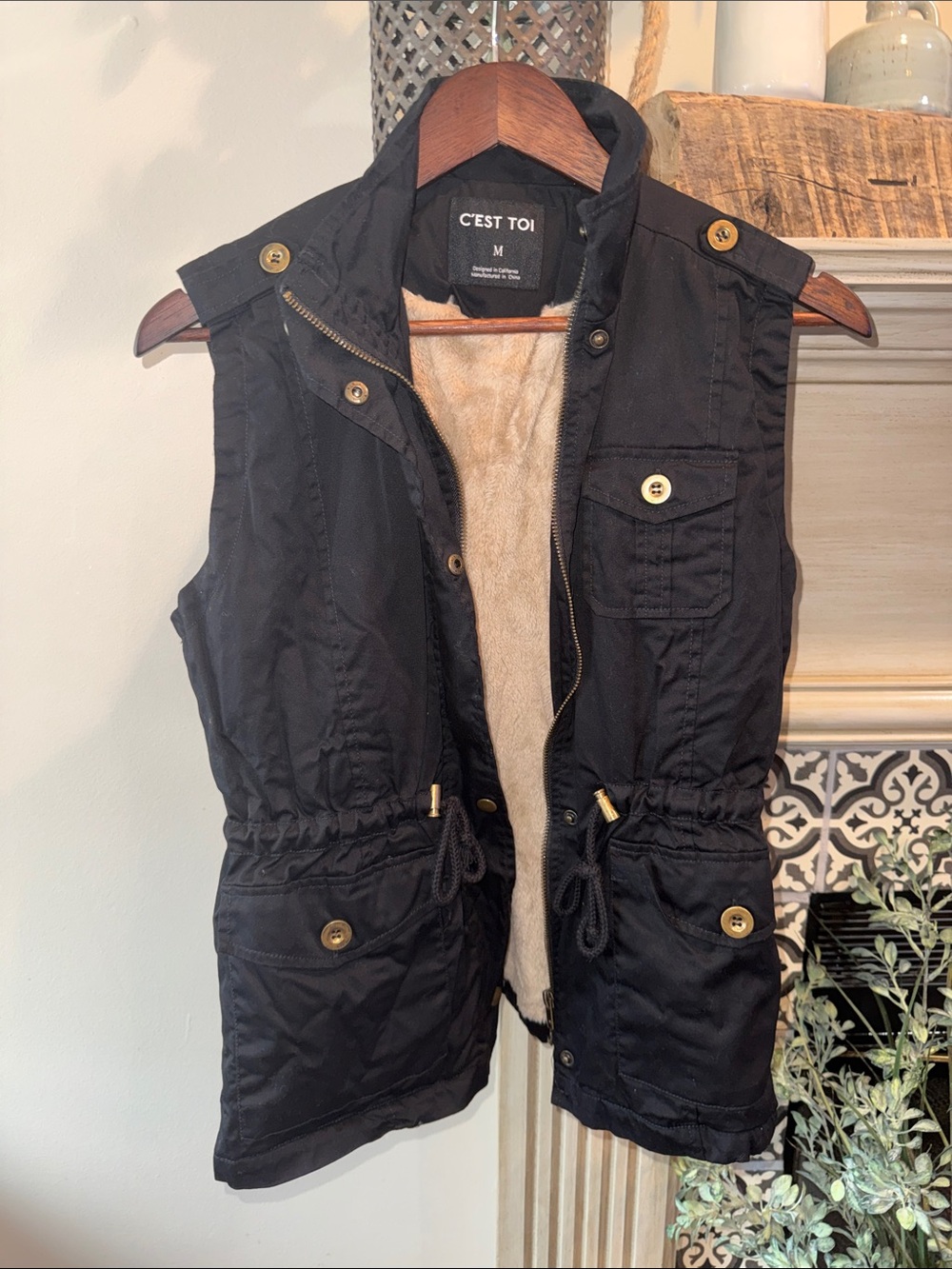 C'est Toi Black Faux-Fur Lined Utility Vest